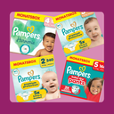 Pampers Monatsboxen in verschiedenen Größen (Premium Protection, Harmonie und Pants) auf farbigem Hintergrund mit Hinweis „€10 sparen“